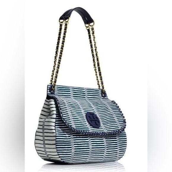 TORY BURCH MARION PATCHWORK SADDLEBAG Blue white liknew